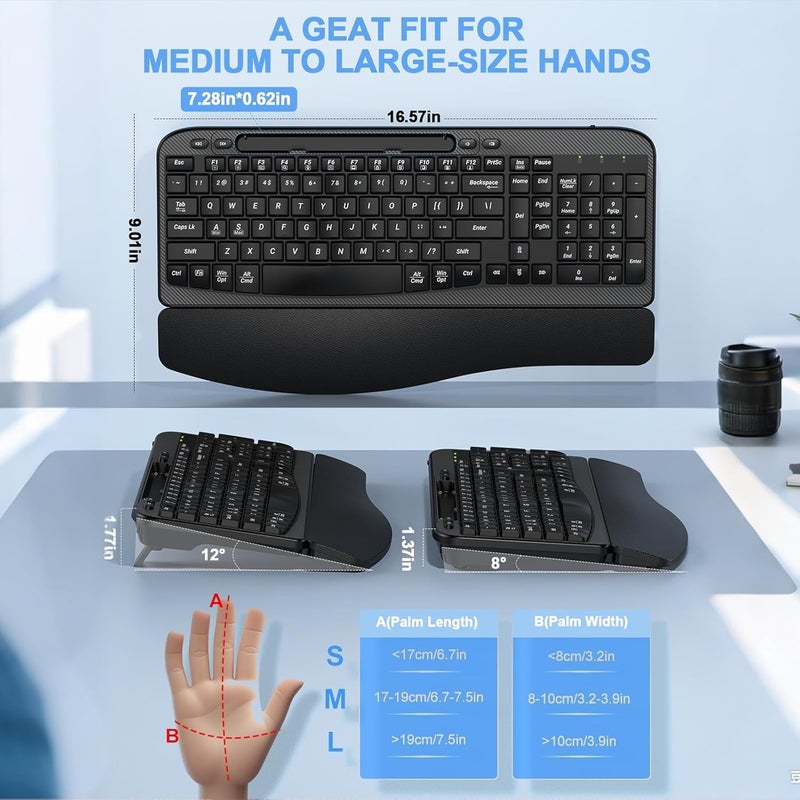 EAYBLLY Ergonomic Wireless Keyboard with Cushioned Wrist Rest, Wave Keys, Phone Holder, Comfortable Natural Typing, 2.4GHz Full Size Cordless USB Computer Keyboard for Windows, Mac OS, Laptop, PC (Black) - Image 3